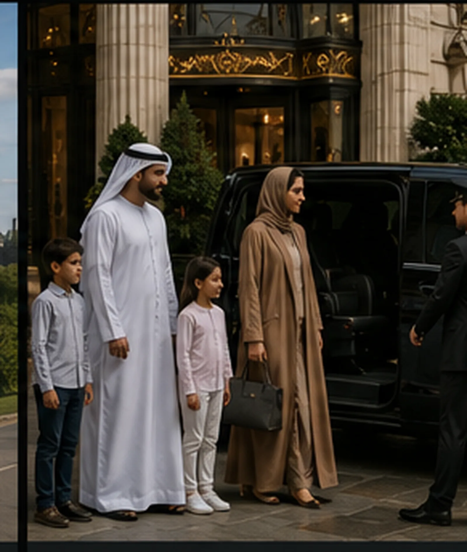 Chauffeur assisting a Gulf family with luggage beside a premium black MPV at a London hotel