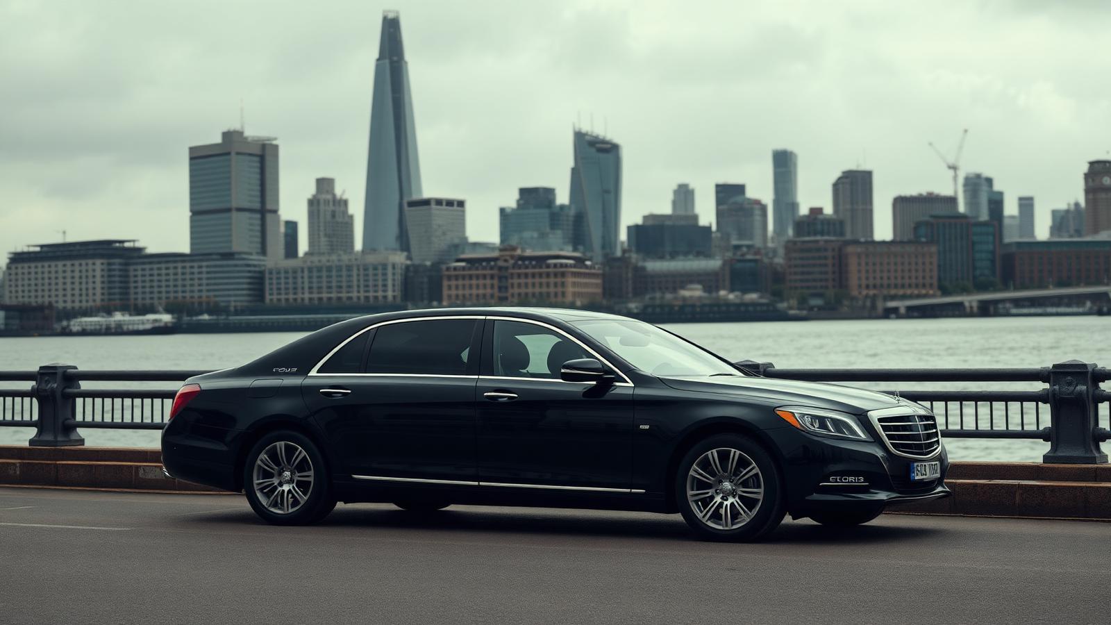 Executive chauffeur waiting beside a black saloon outside a Canary Wharf office building