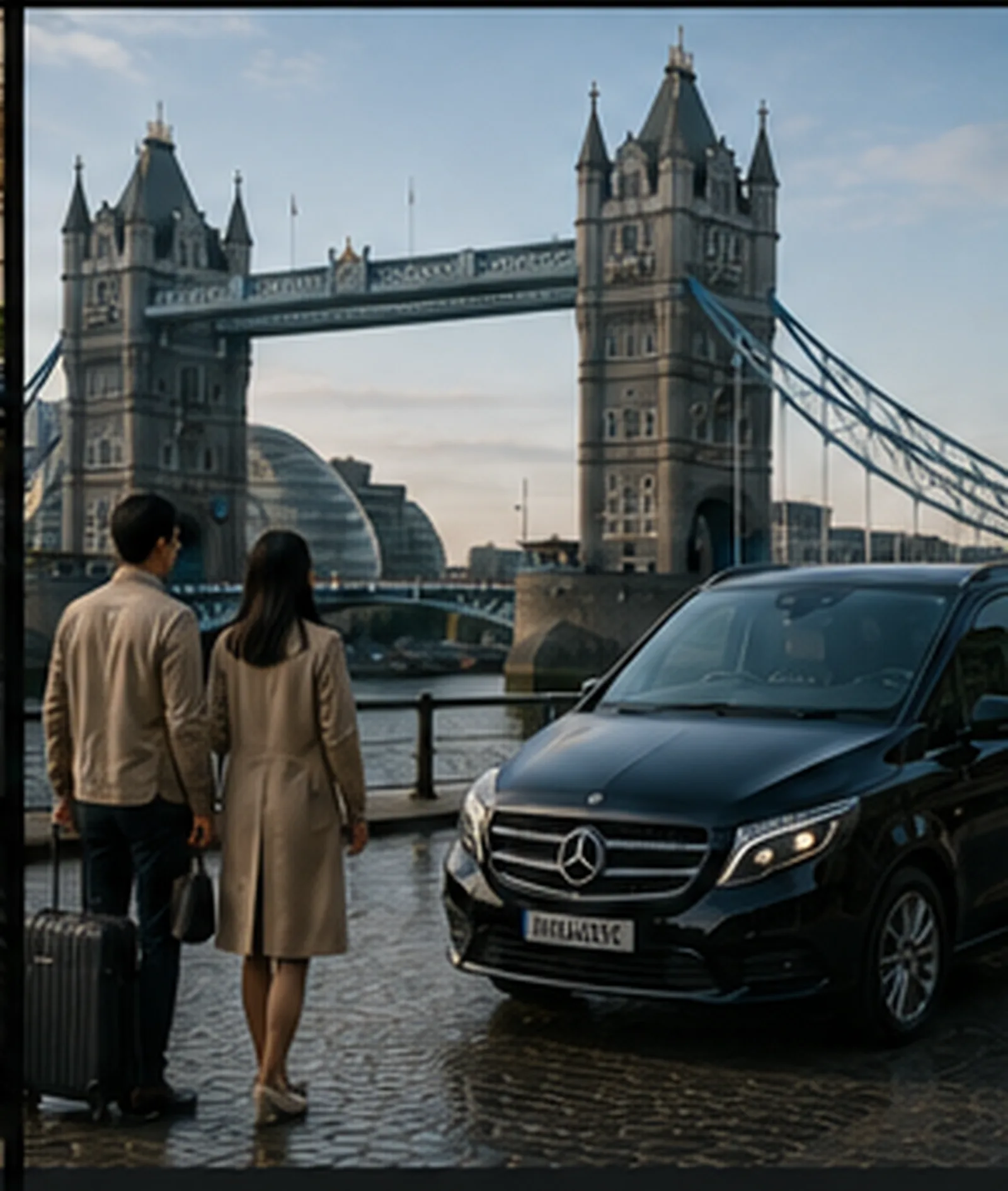 East Asian visitors with luggage beside a black executive chauffeur vehicle near Tower Bridge in London