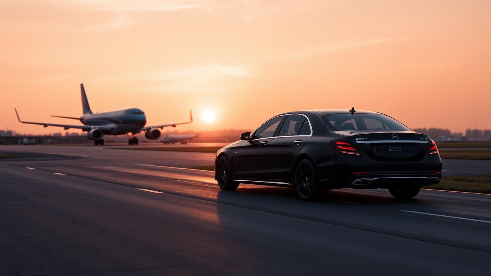 Executive chauffeur car parked at a London airport terminal collection point