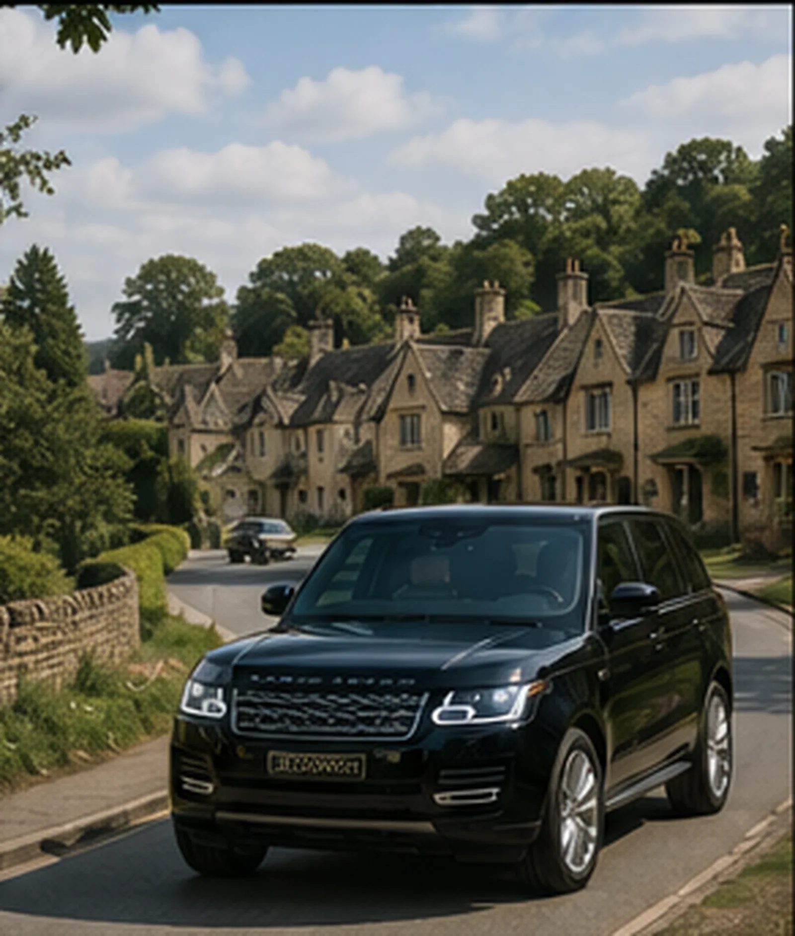 Black luxury SUV on a Cotswolds village lane lined with honey-coloured stone cottages