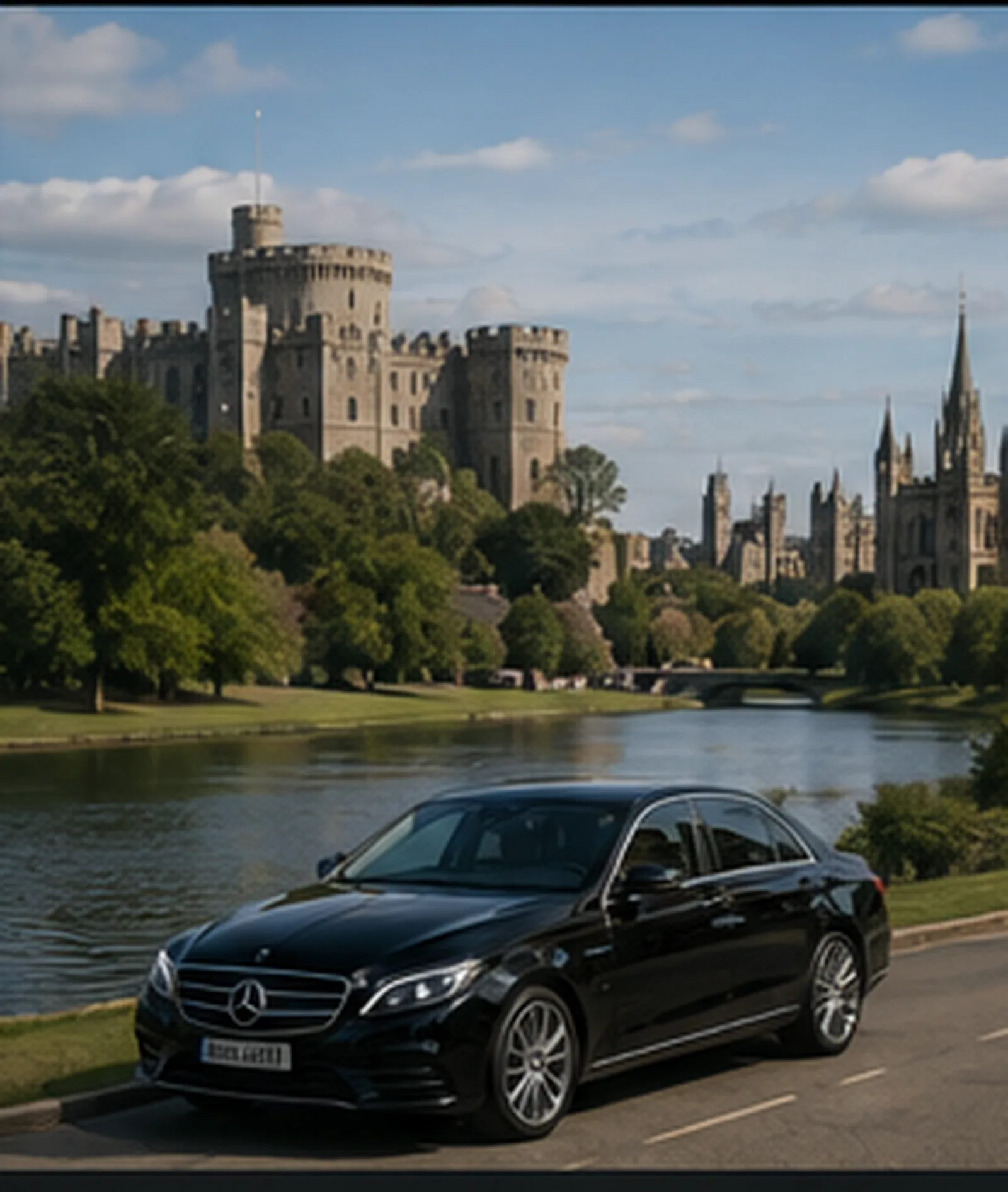 Chauffeur-driven black car on an English approach road near historic heritage architecture
