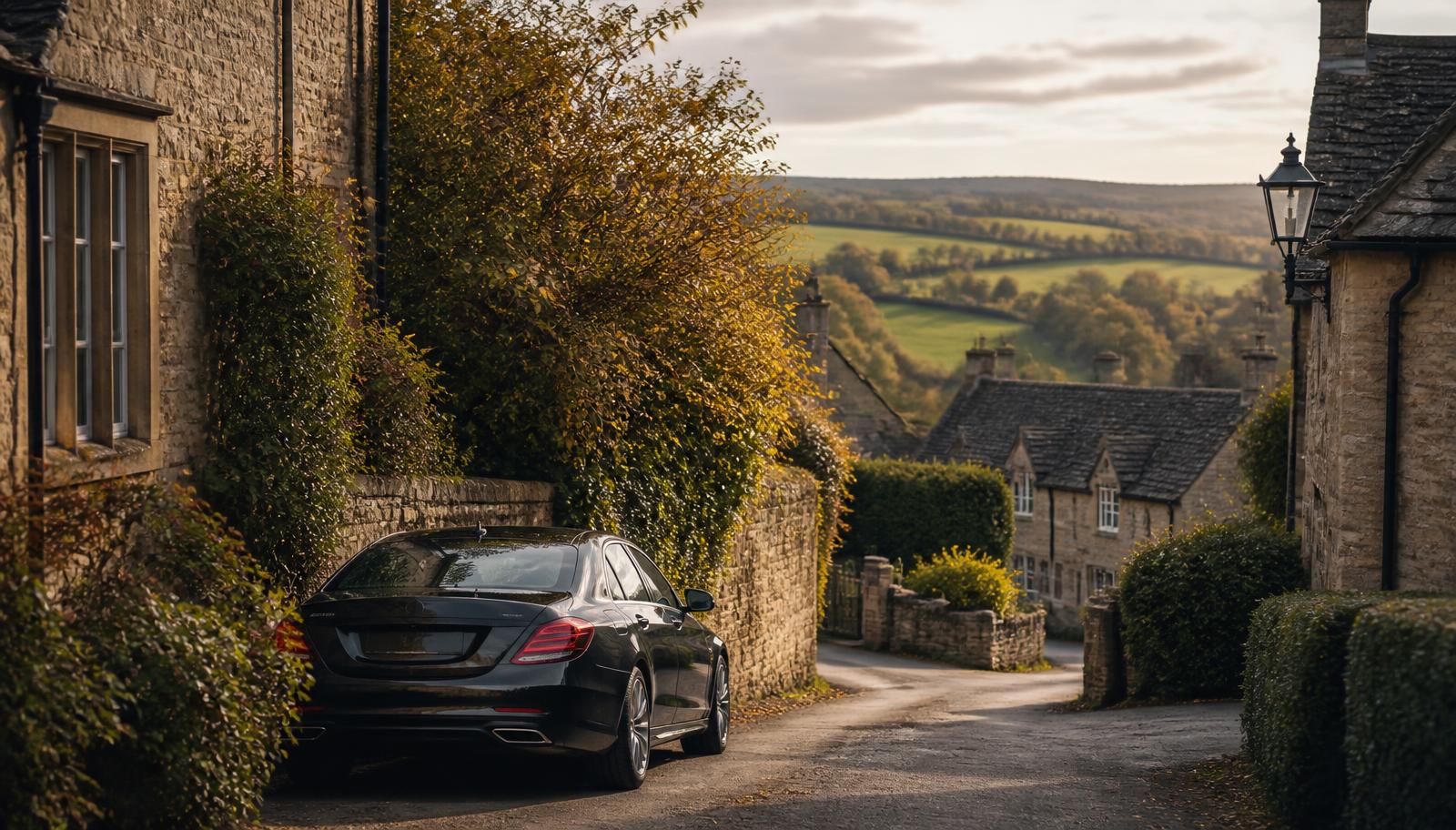 Black chauffeur vehicle parked near a stone Cotswolds village street with visitors walking nearby.