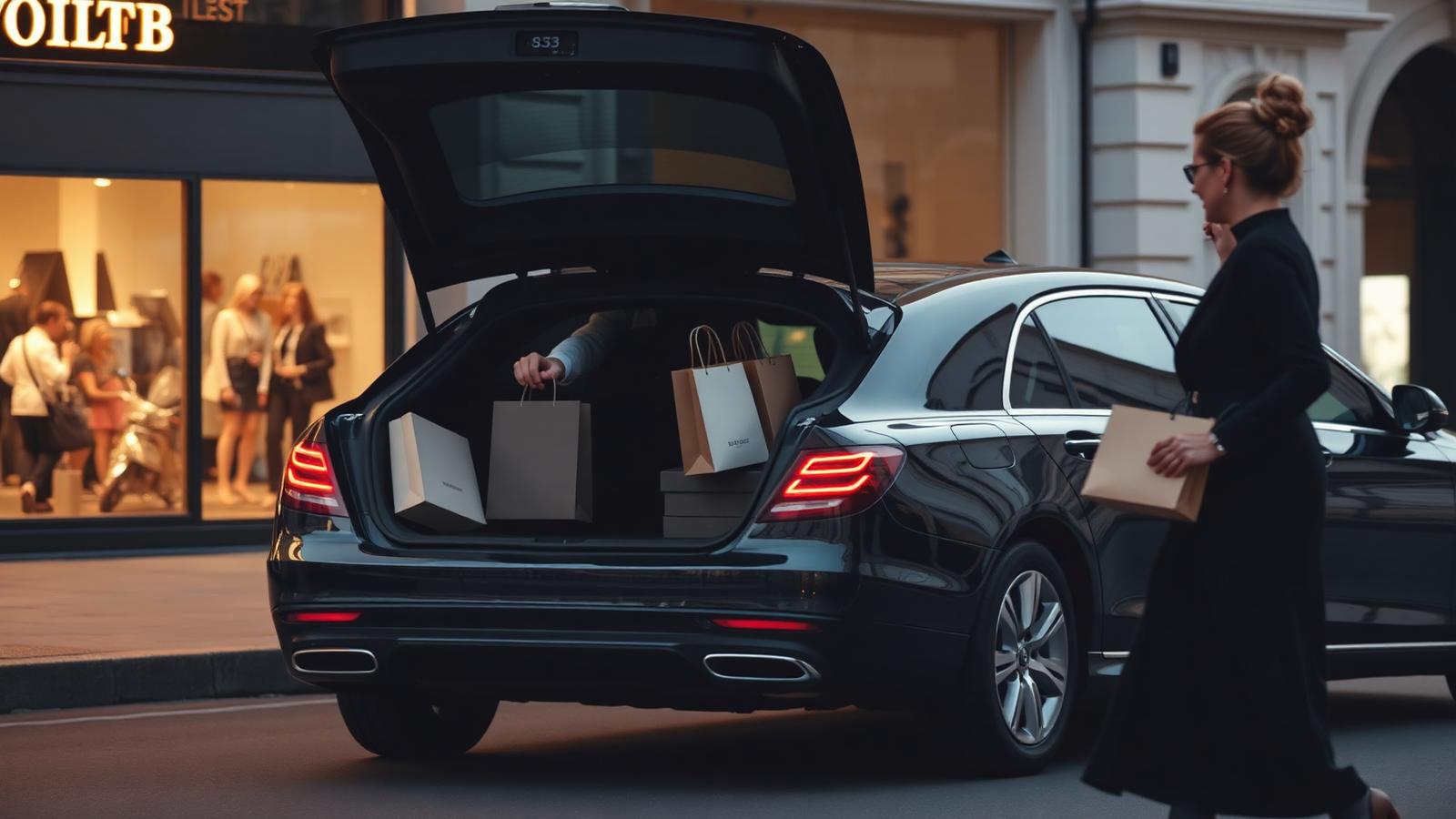 Chauffeur placing shopping bags into the boot of a luxury car outside a Knightsbridge store