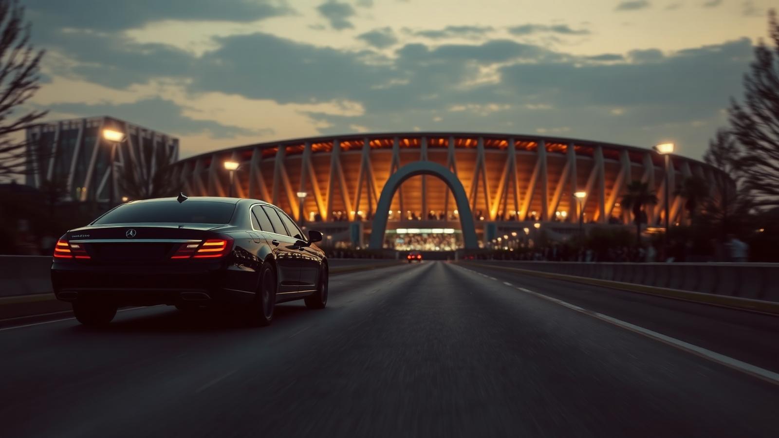 Chauffeur-driven car waiting near a major London stadium for event-goers