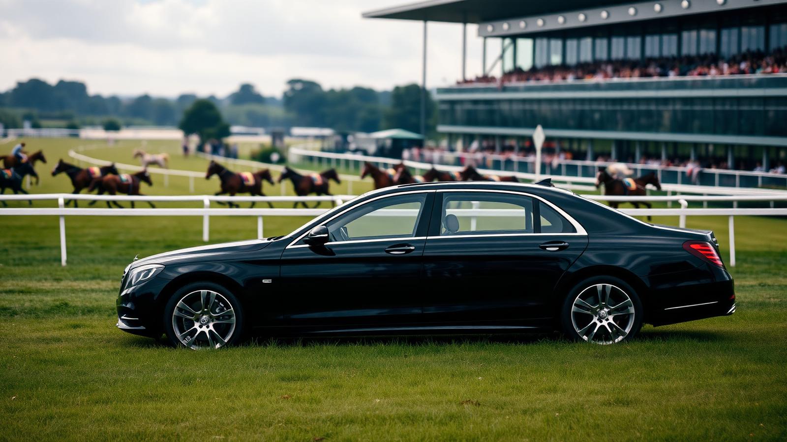 Chauffeur-driven saloon car arriving at Ascot Racecourse during Royal Ascot