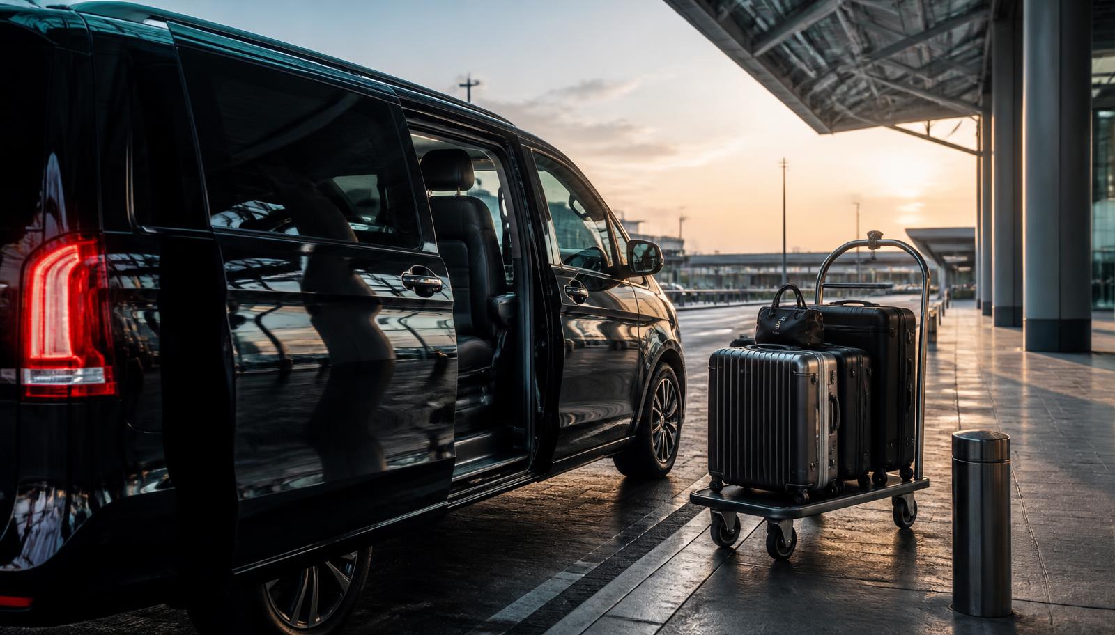 Two black executive chauffeur cars waiting together at Heathrow for a family group arriving from Jeddah.