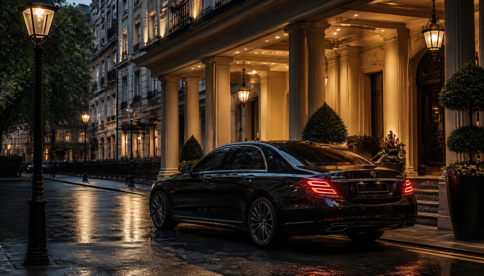 Black executive chauffeur car waiting at Heathrow arrivals for a business traveller from Chicago.