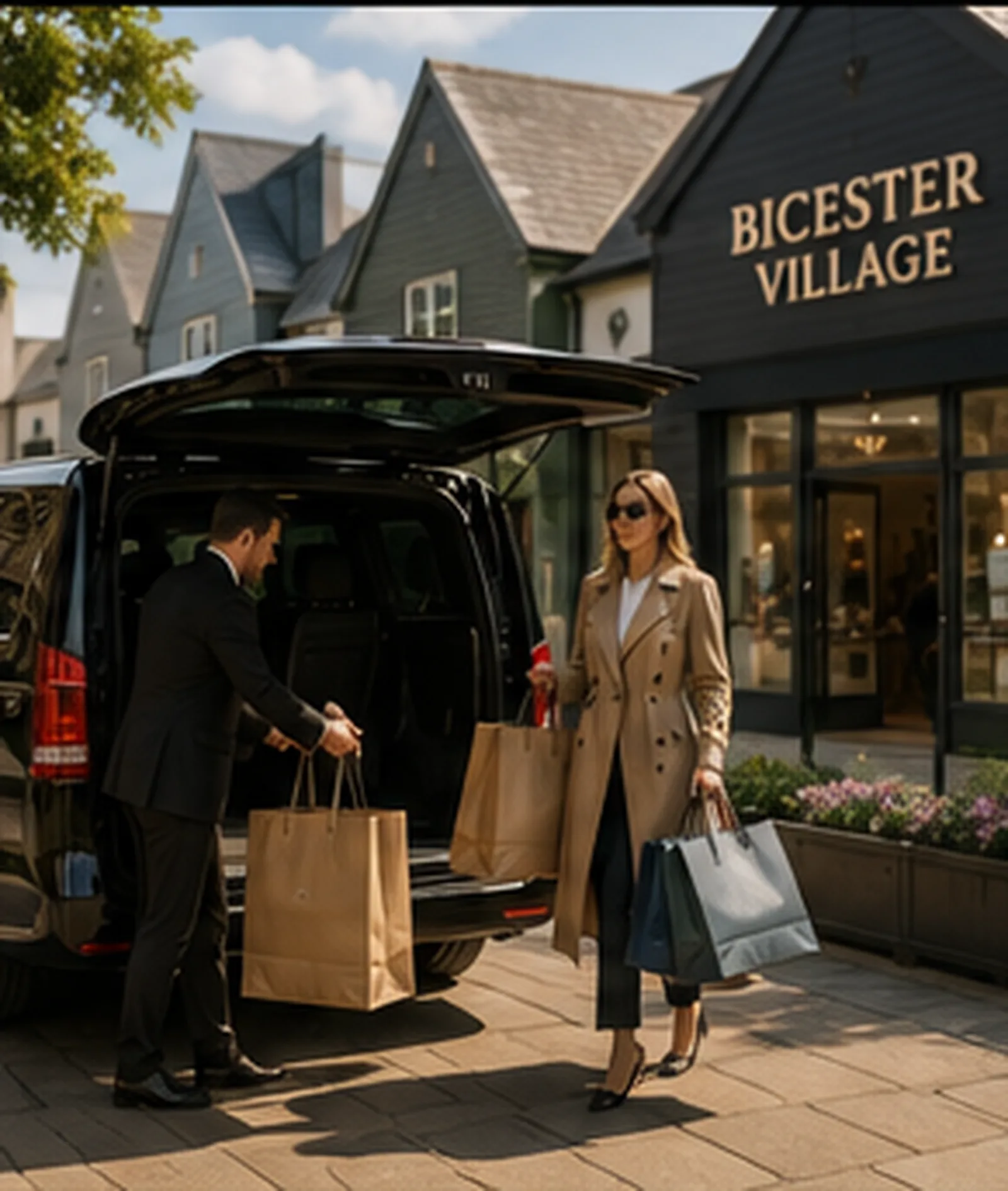 Chauffeur loading shopping bags into a luxury vehicle at a designer outlet village near Oxford