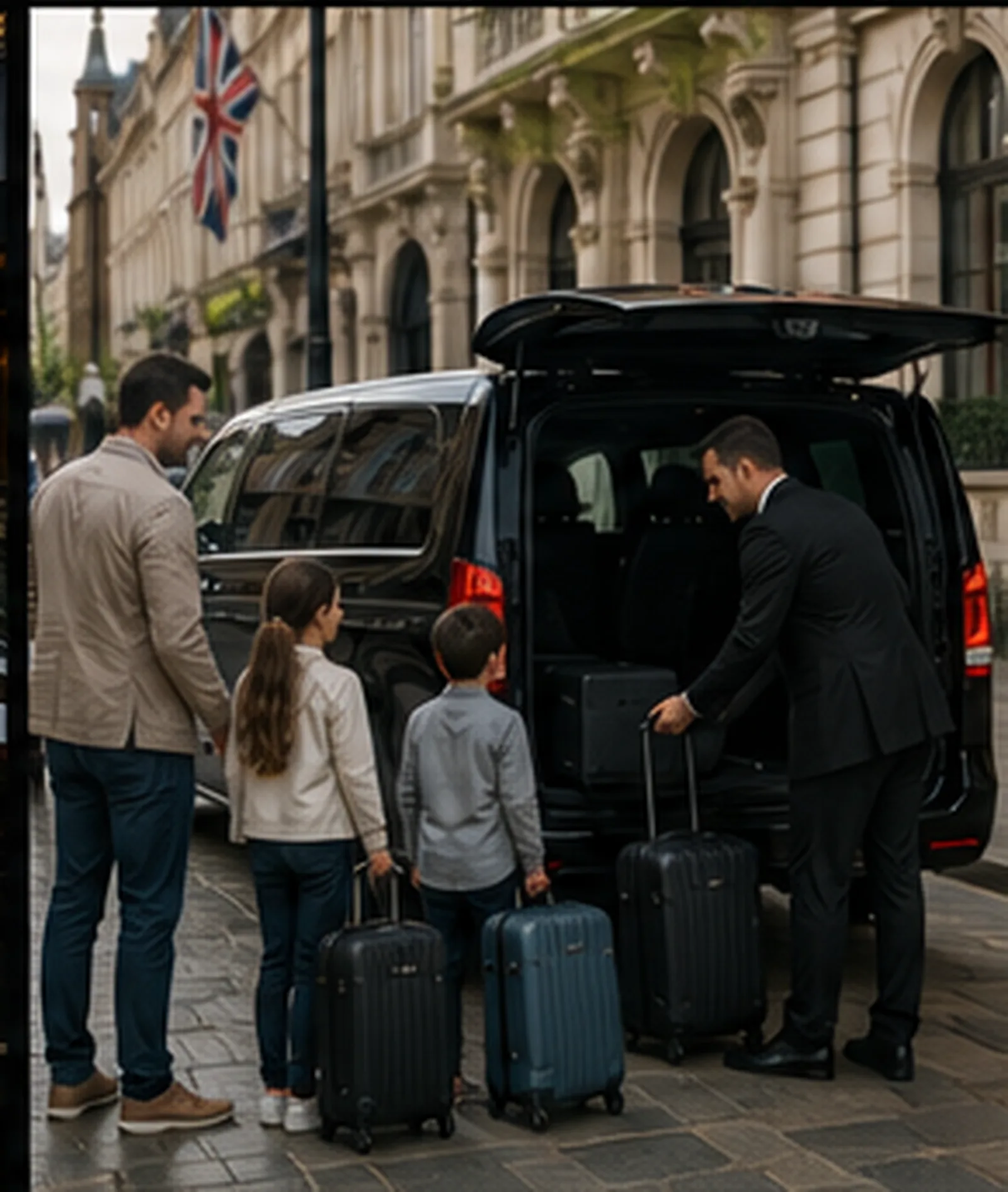 Chauffeur loading suitcases into a black luxury MPV for a family outside a London hotel