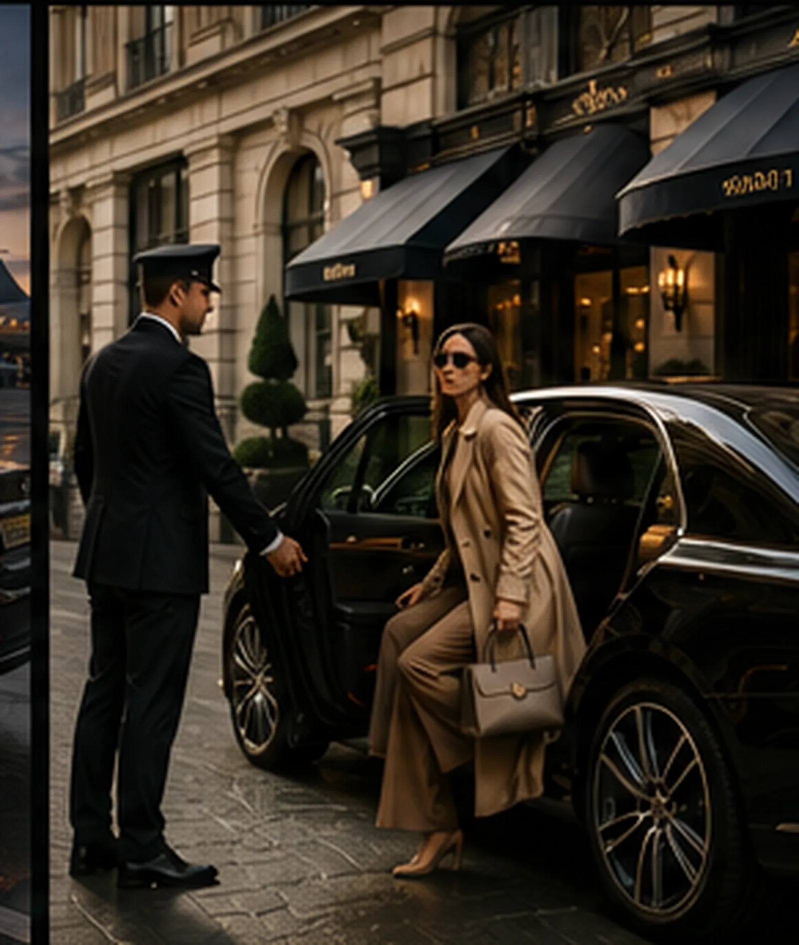 Chauffeur opening the rear door of a black luxury saloon outside a Mayfair hotel in London