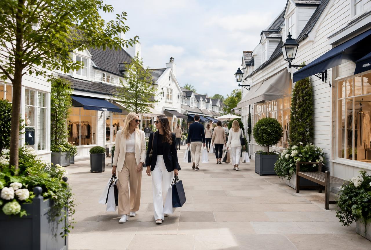 Designer outlet village shopping street with luggage being carried to a waiting chauffeur car