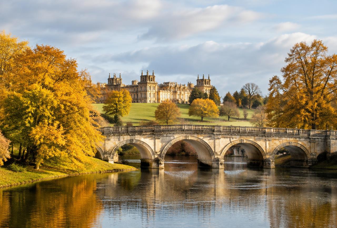 Blenheim Palace above an autumn lake and stone bridge on a private Blenheim and Cotswolds tour