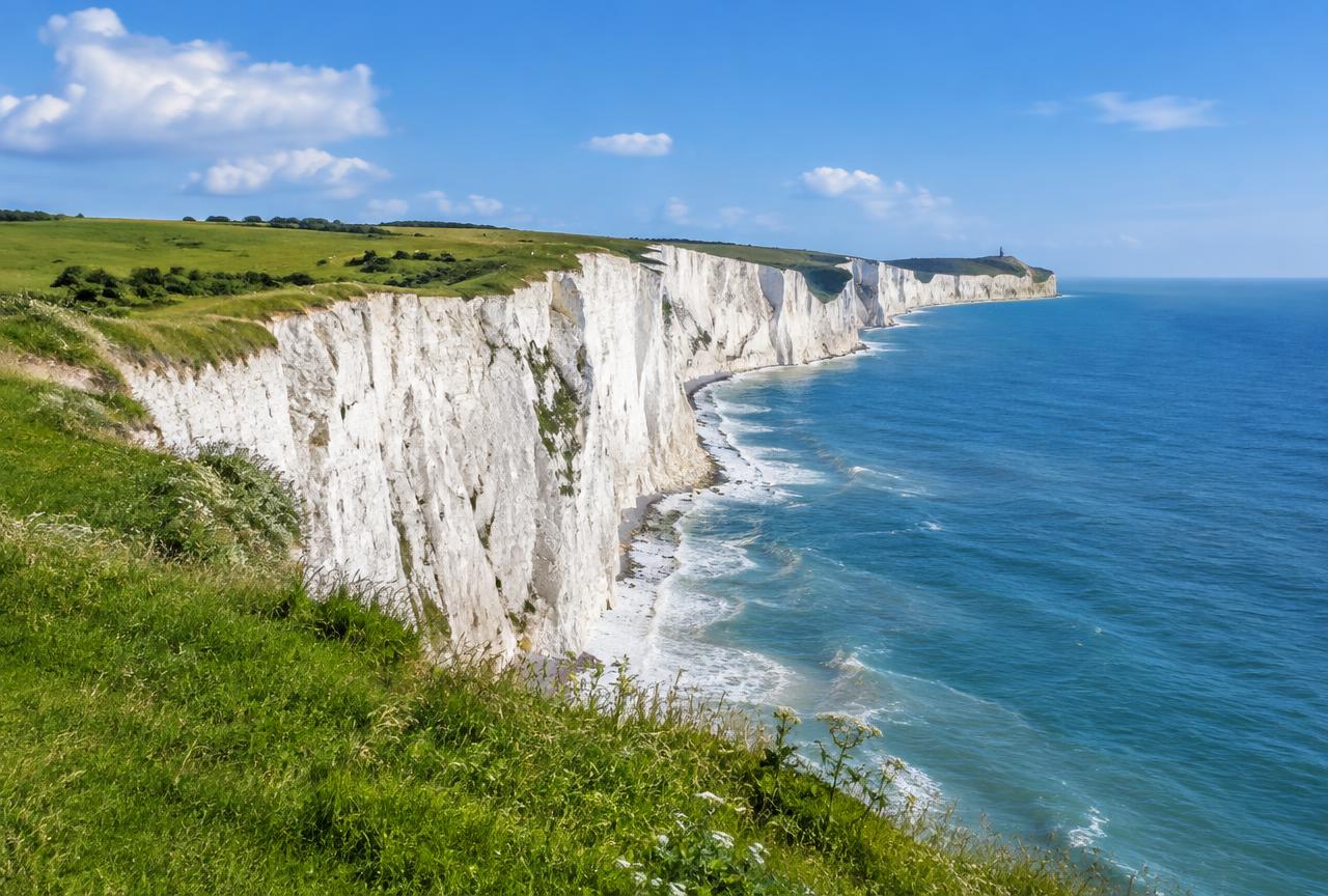 White chalk cliffs of Dover above the English Channel on a private Canterbury and Dover tour