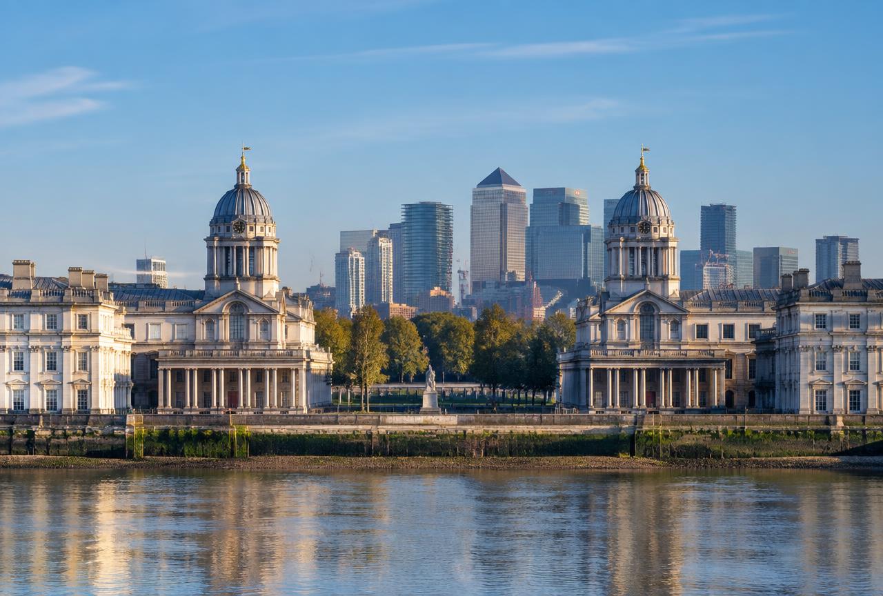 Old Royal Naval College domes in Greenwich beside the Thames on a private maritime London tour