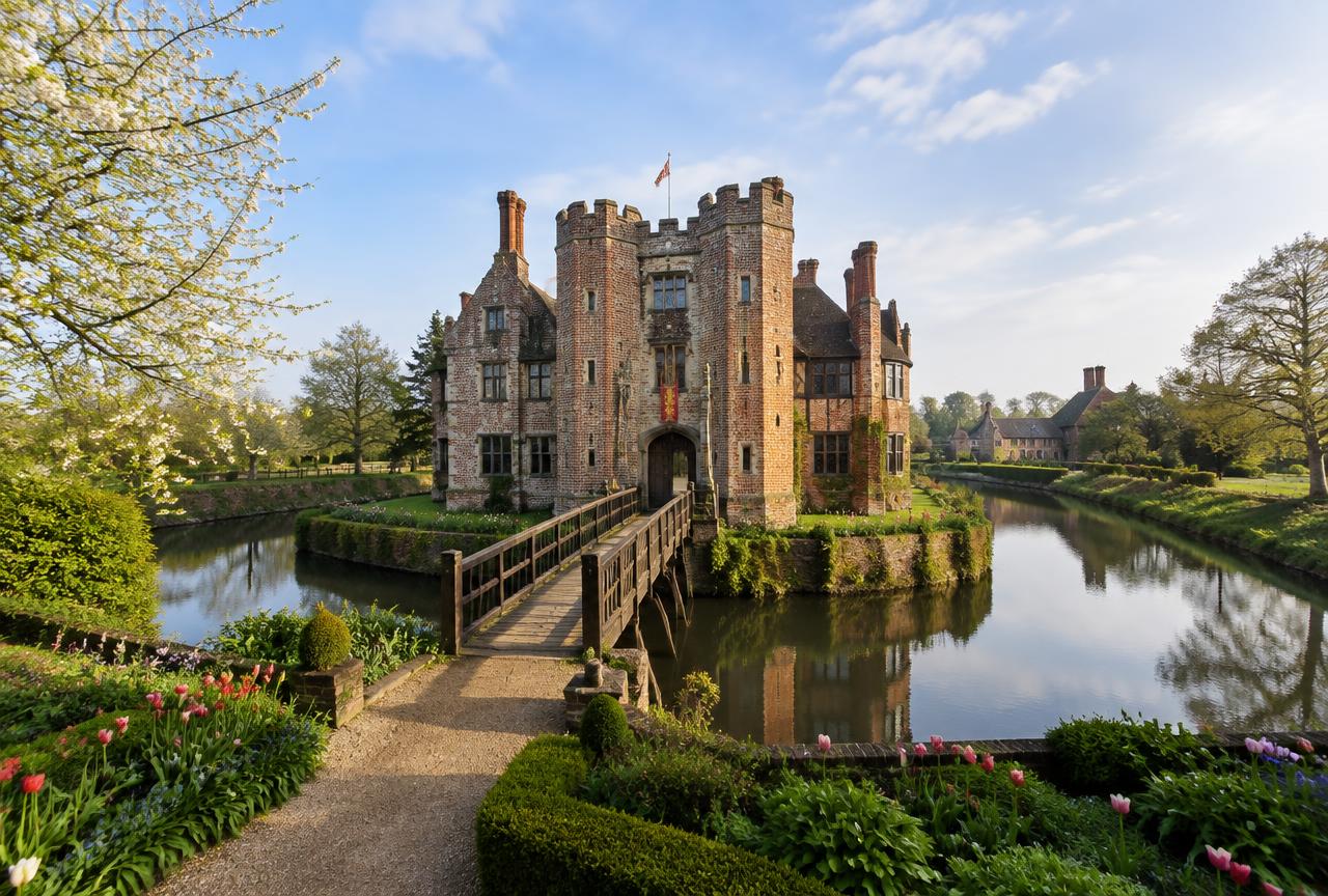 Moated Tudor castle and spring gardens in Kent on a private Hever Castle and Chartwell tour