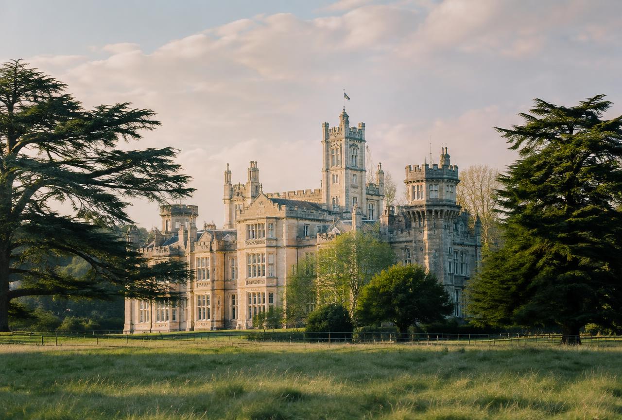 Victorian country house with towers in Hampshire parkland, on a private Highclere Castle tour from London