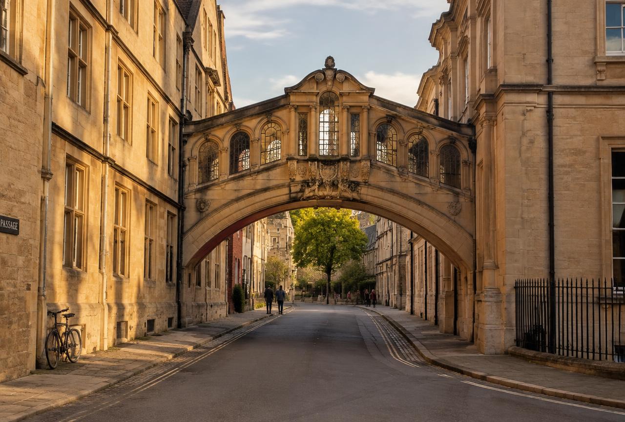 Oxford's Bridge of Sighs over a honey-stone street on a private Oxford and Bicester Village tour
