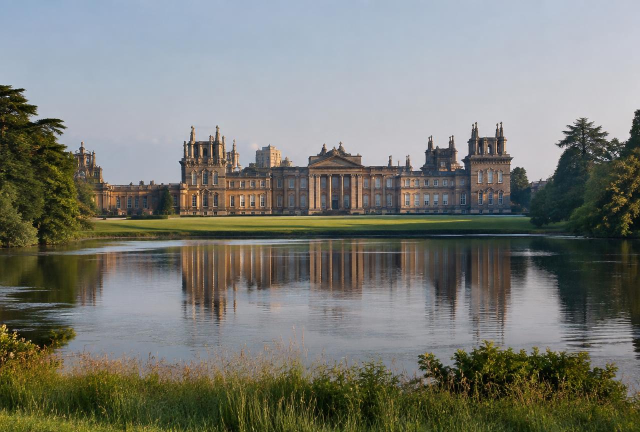 Blenheim Palace reflected in the lake across its parkland on a private Oxford and Blenheim tour