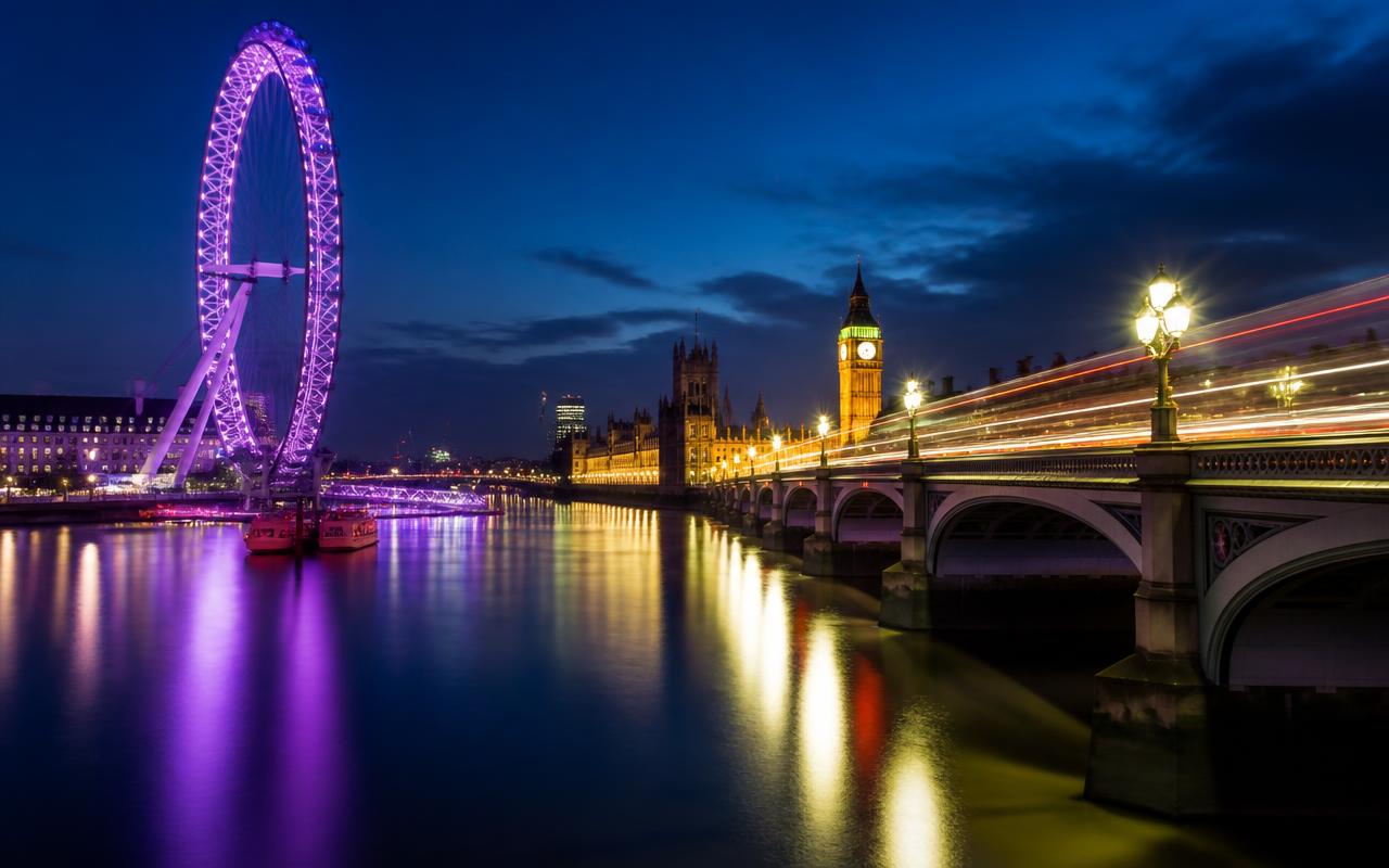 Illuminated London Eye and Big Ben above the Thames at night on a private London by Night chauffeur tour