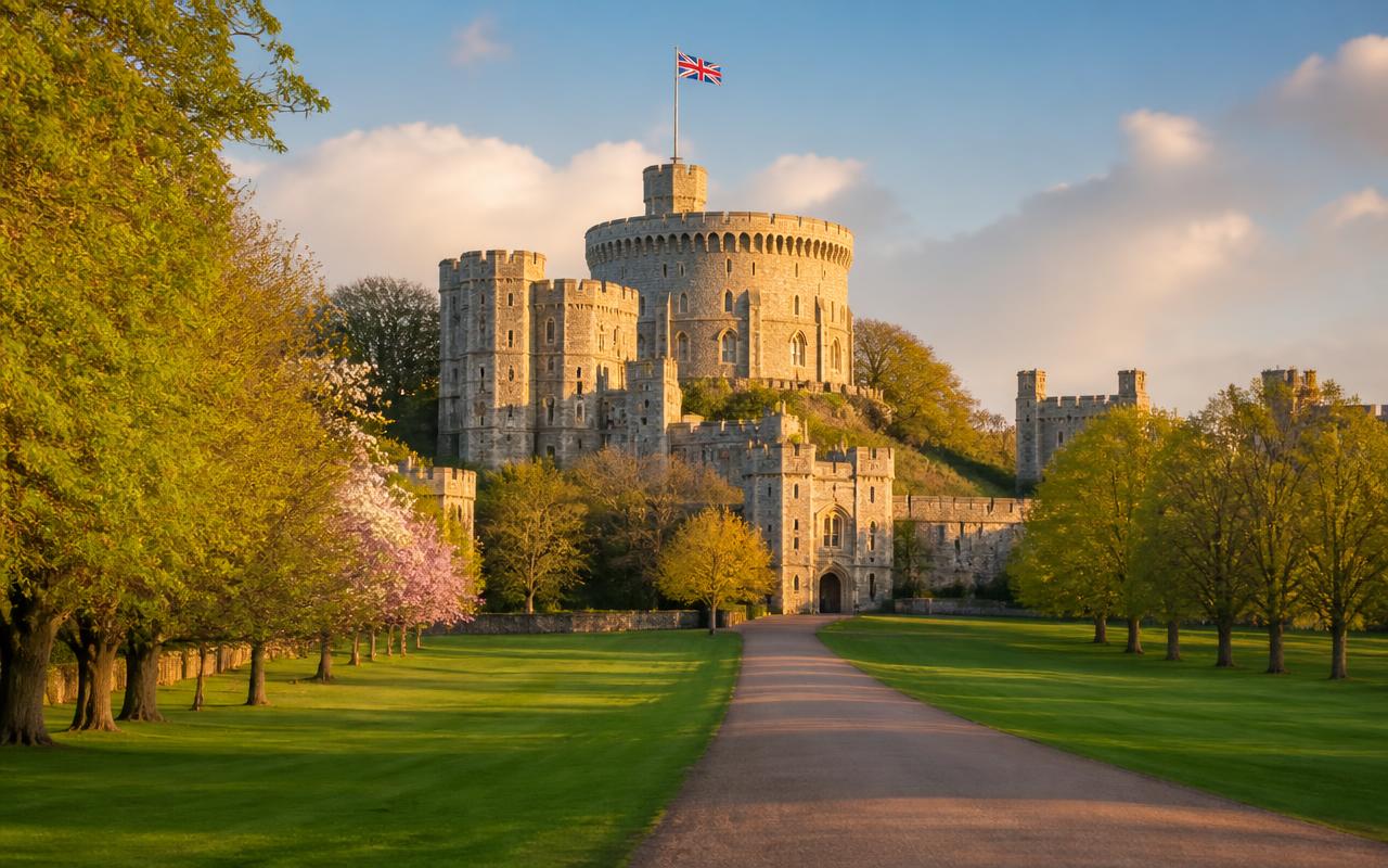 Windsor Castle round tower viewed along the tree-lined Long Walk on a private chauffeur tour from London