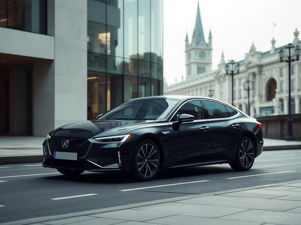 Dark premium electric luxury saloon on a modern London street