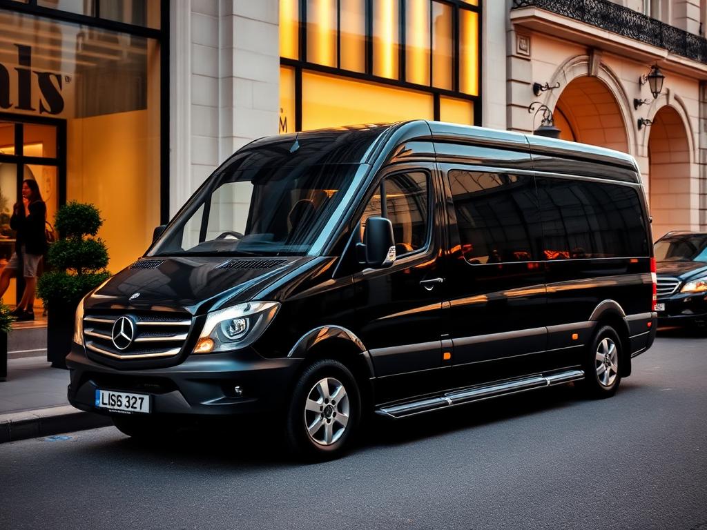 Black Mercedes V-Class people carrier with privacy glass outside a Knightsbridge store