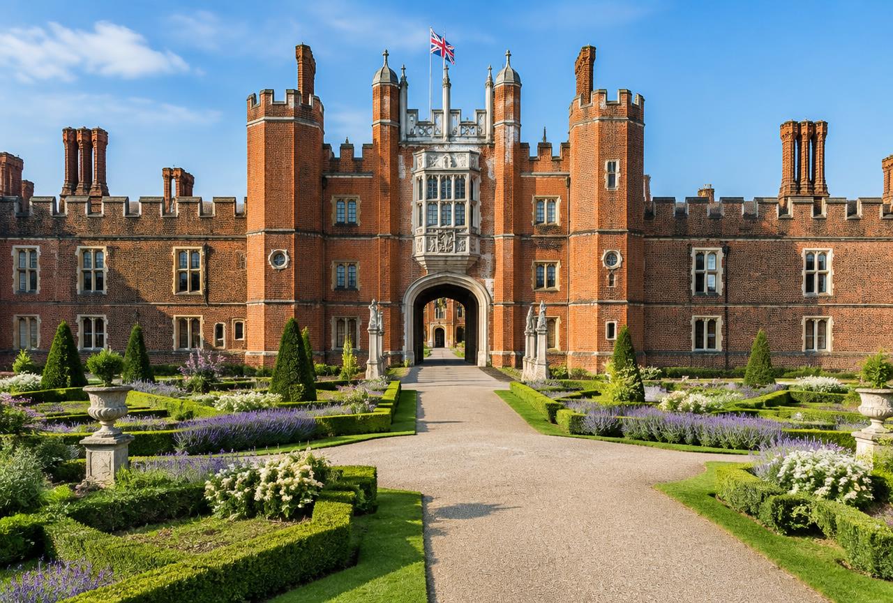 Red-brick Tudor gatehouse and formal gardens of Hampton Court Palace on a private tour from London