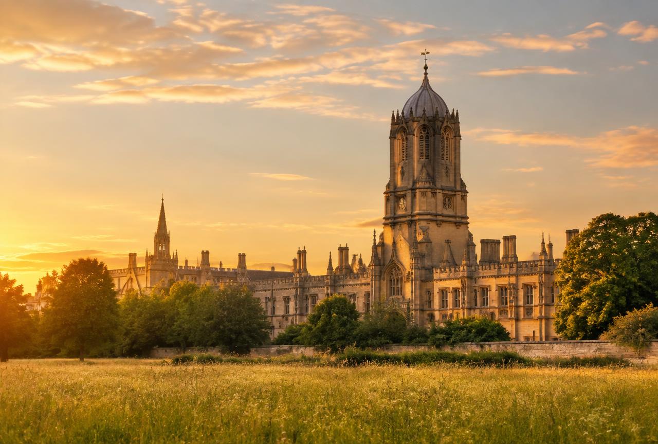 Christ Church Tom Tower in Oxford at golden hour on a private Windsor and Oxford tour